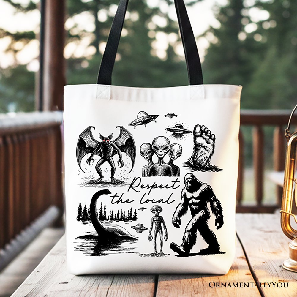 Respect The Local Cryptid Squad Canvas Canvas Tote Bag, Funny Bigfoot Alien Mothman Meme Gift Shopper - Starry Skies Austin
