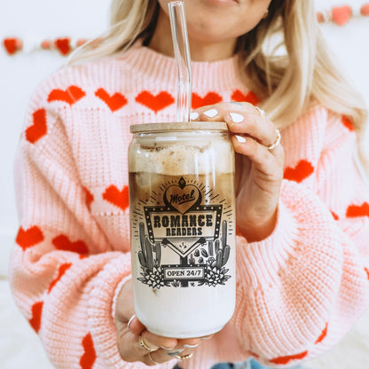 Romance Readers Motel Clear Glass Cup with Bamboo Lid & Straw - Starry Skies Austin