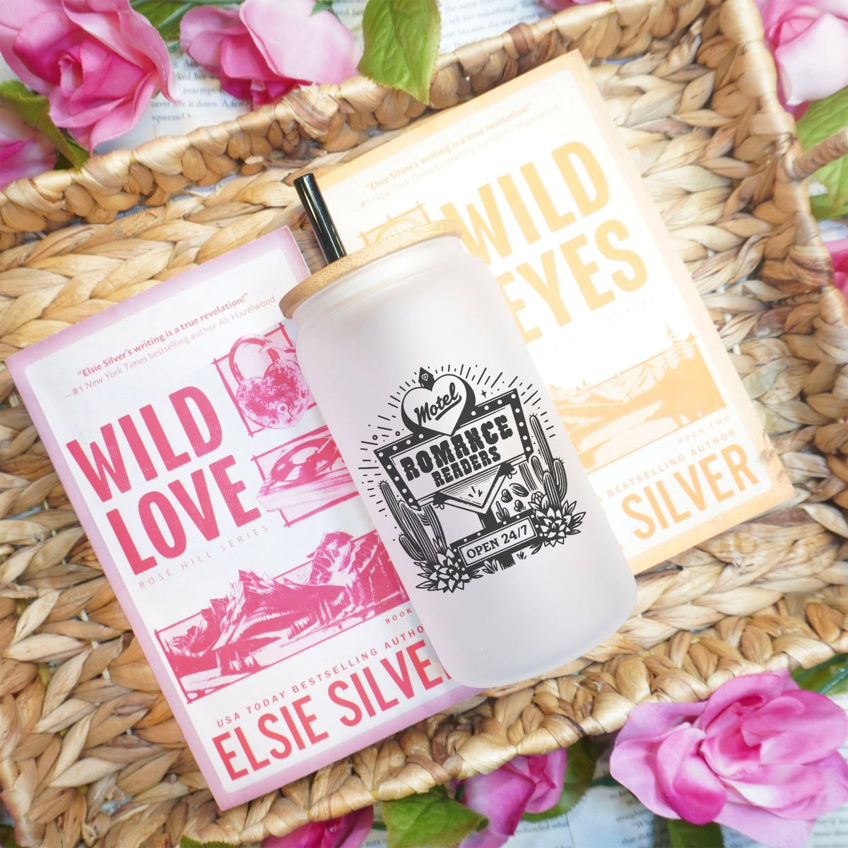 Romance Readers Motel Frosted Glass Cup with Bamboo Lid & Straw - Starry Skies Austin