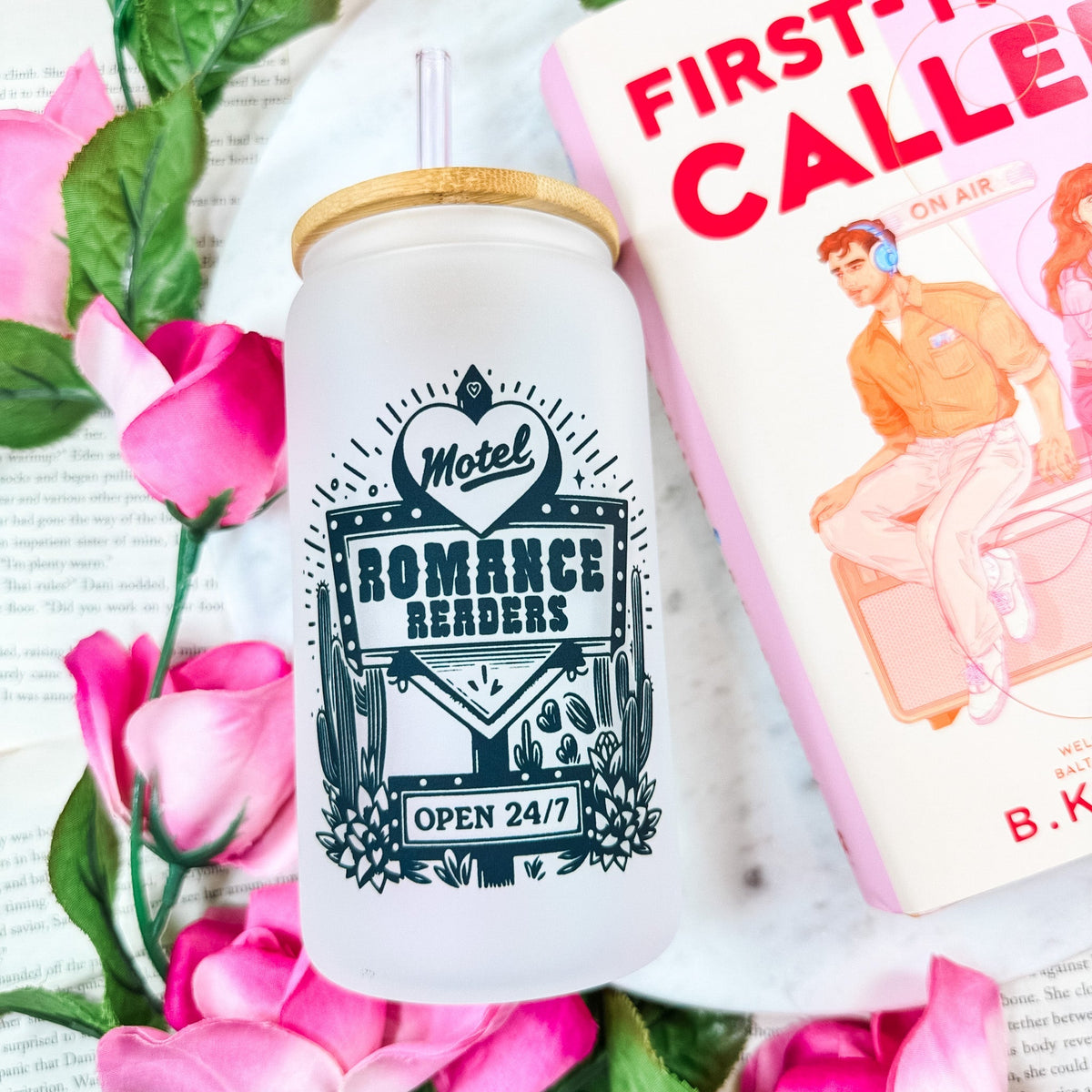 Romance Readers Motel Frosted Glass Cup with Bamboo Lid & Straw - Starry Skies Austin