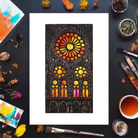 Sagrada Família Sunset Window – Hand-Colored Linocut Print in Warm Tones - Starry Skies Austin