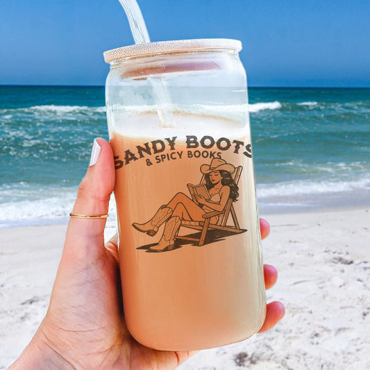 Sandy Boots & Spicy Books Clear Glass Cup with Bamboo Lid & Straw - Starry Skies Austin