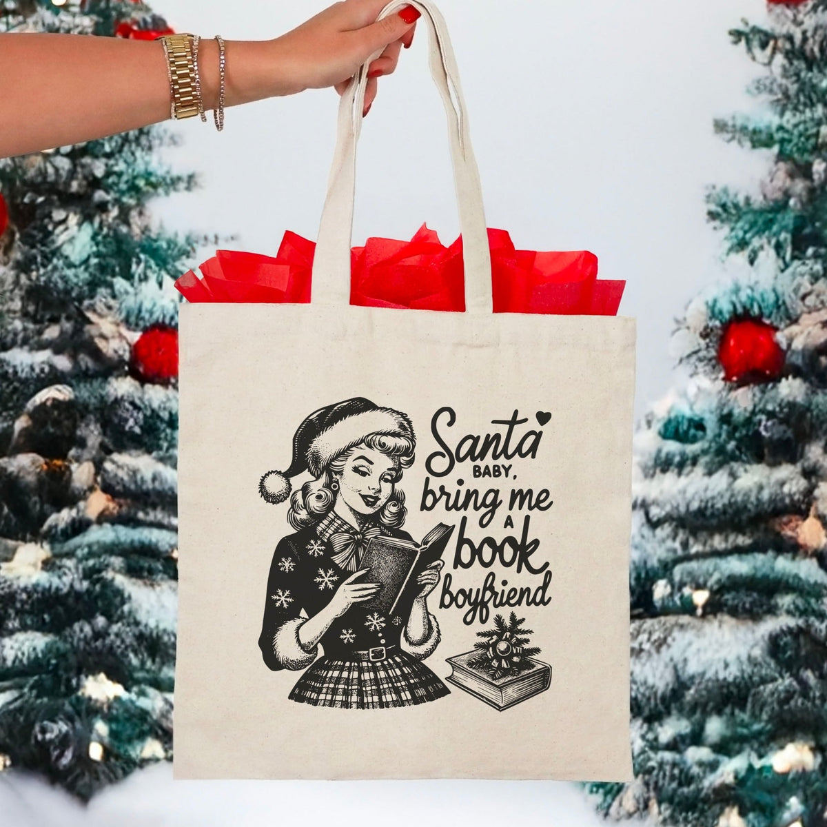 Santa Baby Bring Me A Book Boyfriend Canvas Tote Bag - Starry Skies Austin