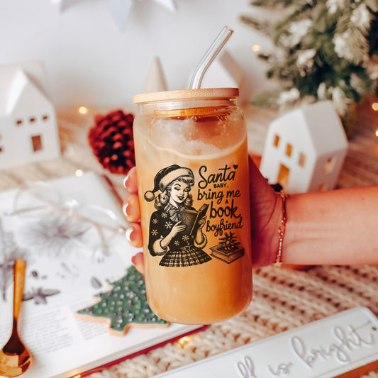Santa Baby Bring Me A Book Boyfriend Clear Glass Cup With Bamboo Lid And Straw - Starry Skies Austin