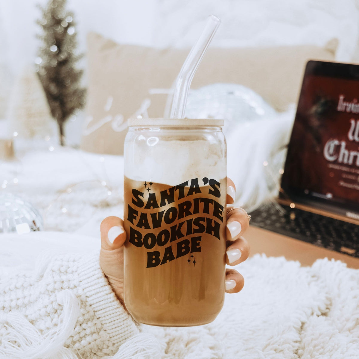 Santa’s Favorite Bookish Babe Clear Glass Cup With Bamboo Lid And Straw - Starry Skies Austin