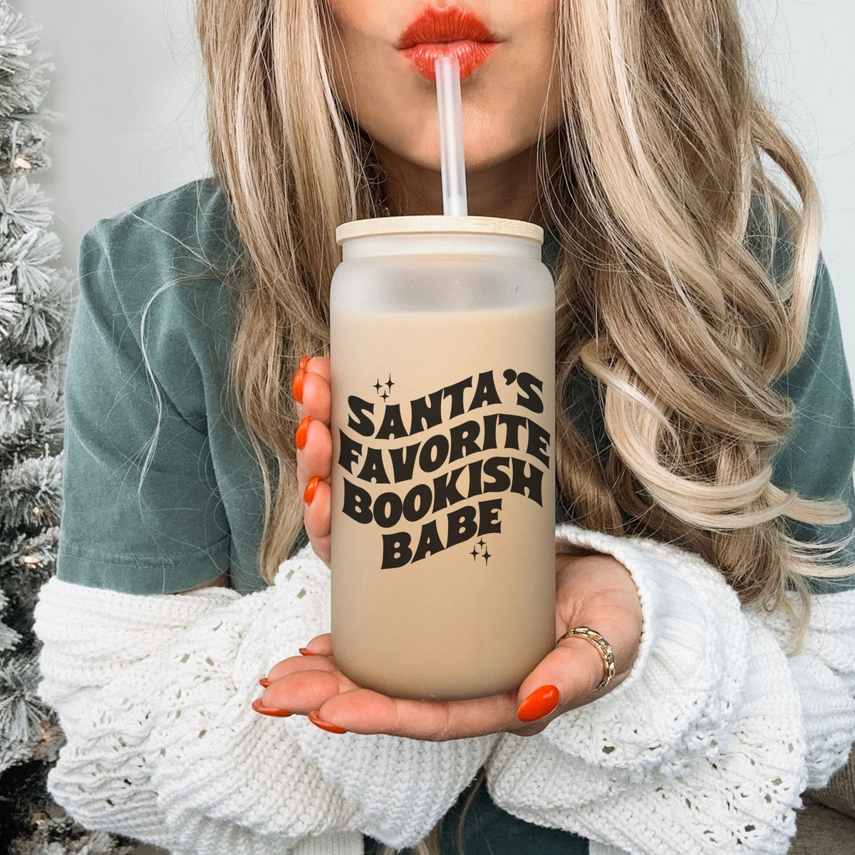 Santa’s Favorite Bookish Babe Frosted Glass Cup w/Bamboo Lid & Straw - Starry Skies Austin