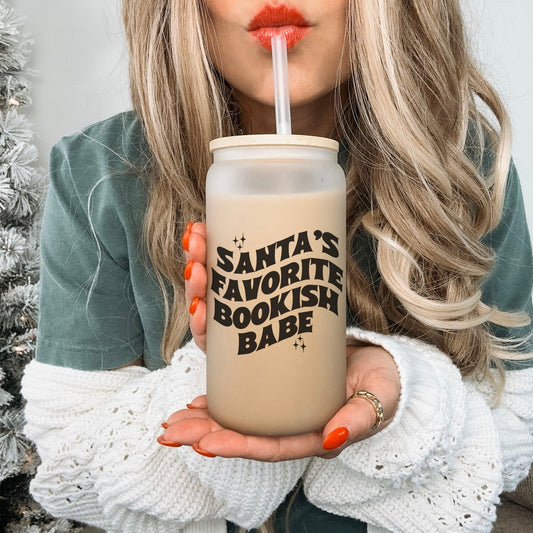 Santa’s Favorite Bookish Babe Frosted Glass Cup w/Bamboo Lid & Straw - Starry Skies Austin