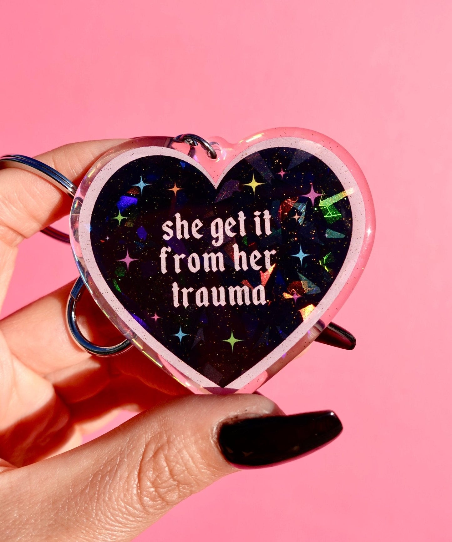 She Get It From Her Trauma Heart Holographic Keychain - Starry Skies Austin