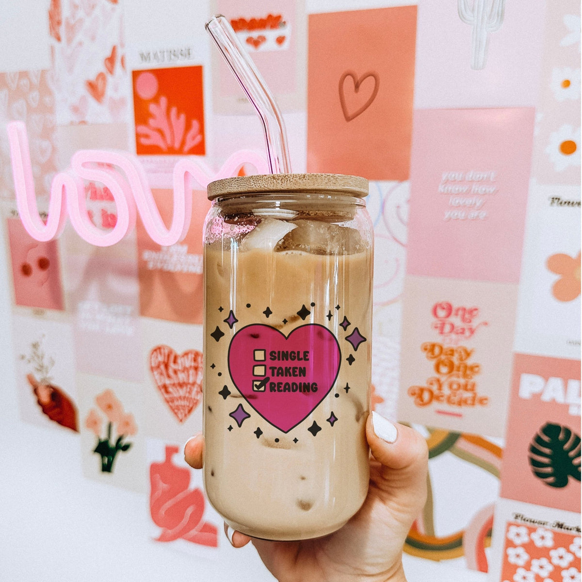 Single Taken Reading Clear Glass Cup with Bamboo Lid & Straw - Starry Skies Austin