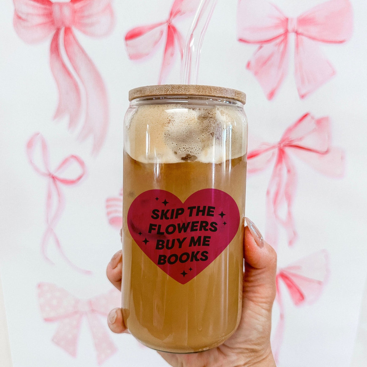 Skip the Flowers Buy Me Books Clear Glass Cup with Bamboo Lid & Straw - Starry Skies Austin