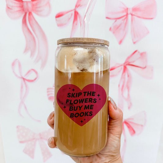 Skip the Flowers Buy Me Books Clear Glass Cup with Bamboo Lid & Straw - Starry Skies Austin