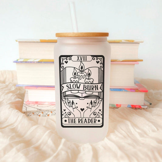 Slow Burn Tarot Card Frosted Glass Cup With Bamboo Lid And Straw - Starry Skies Austin