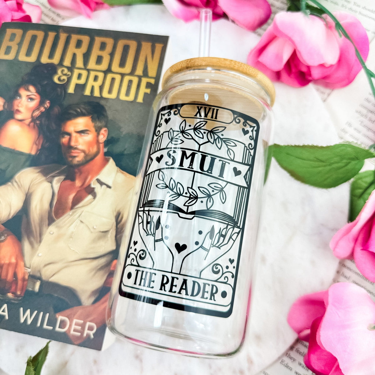 Smut Reader Tarot Card Bookish Clear Glass Cup With Bamboo Lid And Straw | Spicy BookTok Gift for Readers - Starry Skies Austin