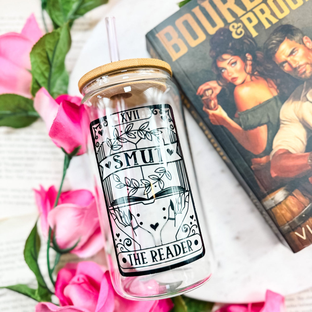 Smut Reader Tarot Card Bookish Clear Glass Cup With Bamboo Lid And Straw | Spicy BookTok Gift for Readers - Starry Skies Austin