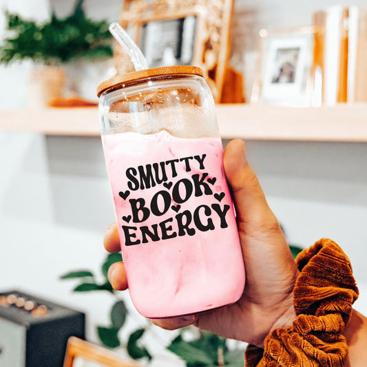 Smutty Book Energy Clear Glass Cup Spicy Romance Reader Iced Coffee Bookish Tumbler with Bamboo Lid and Straw - Starry Skies Austin