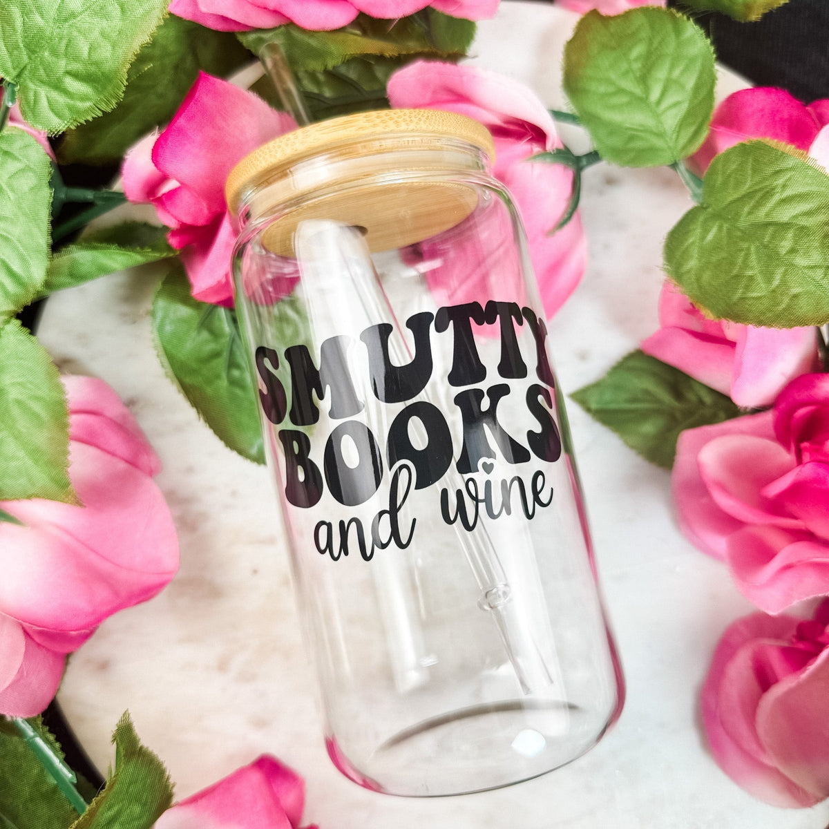 Smutty Books And Wine Clear Glass Cup With Bamboo Lid And Plastic Straw - Starry Skies Austin