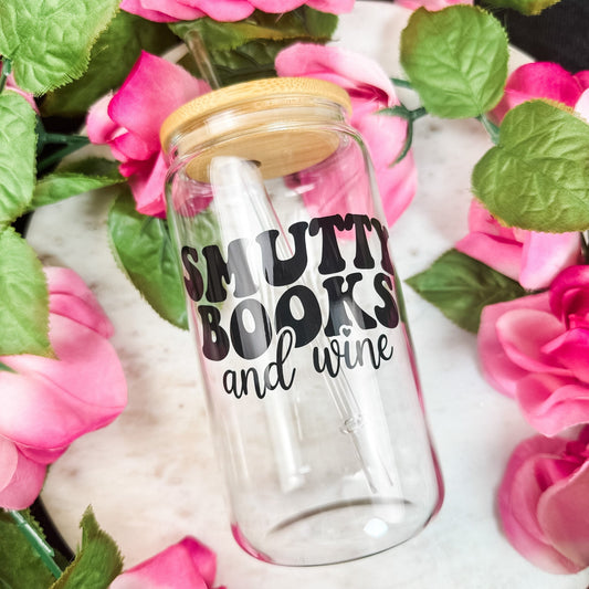 Smutty Books And Wine Clear Glass Cup With Bamboo Lid And Plastic Straw - Starry Skies Austin