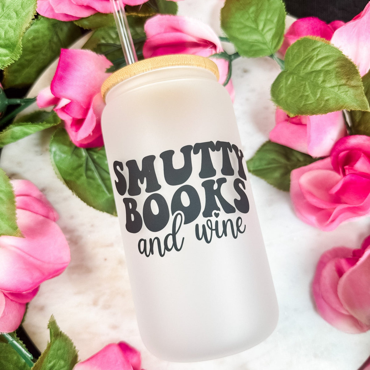 Smutty Books And Wine Frosted Glass Cup With Bamboo Lid And Plastic Straw - Starry Skies Austin