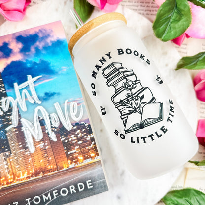 So Many Books So Little Time Frosted Glass Cup with Bamboo Lid and Straw | Bookish Iced Coffee Glass for Readers - Starry Skies Austin