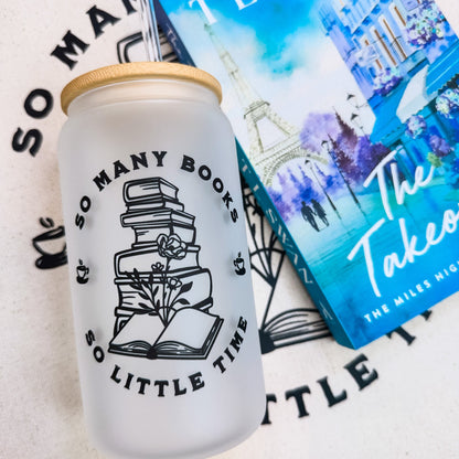 So Many Books So Little Time Frosted Glass Cup with Bamboo Lid and Straw | Bookish Iced Coffee Glass for Readers - Starry Skies Austin