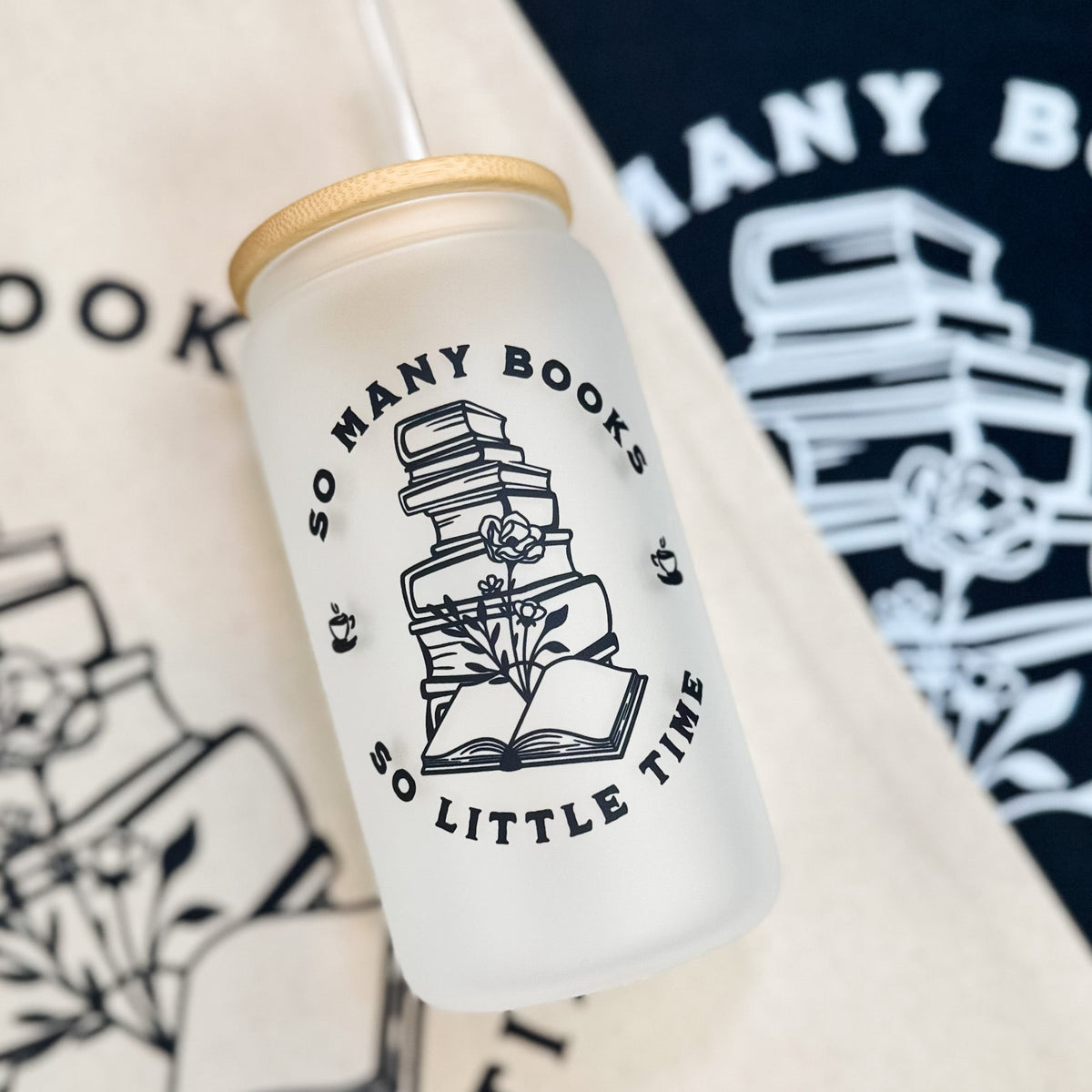 So Many Books So Little Time Frosted Glass Cup with Bamboo Lid and Straw | Bookish Iced Coffee Glass for Readers - Starry Skies Austin