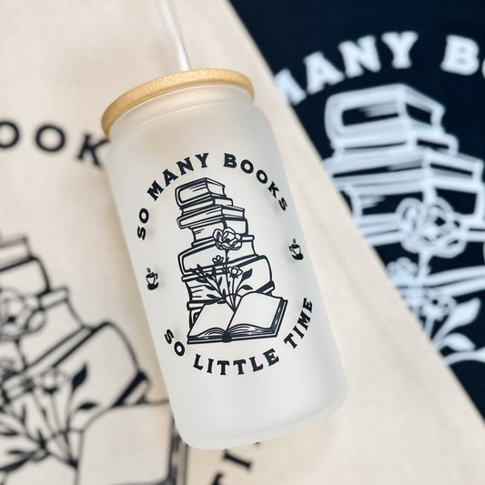 So Many Books So Little Time Frosted Glass Cup with Bamboo Lid and Straw | Bookish Iced Coffee Glass for Readers - Starry Skies Austin