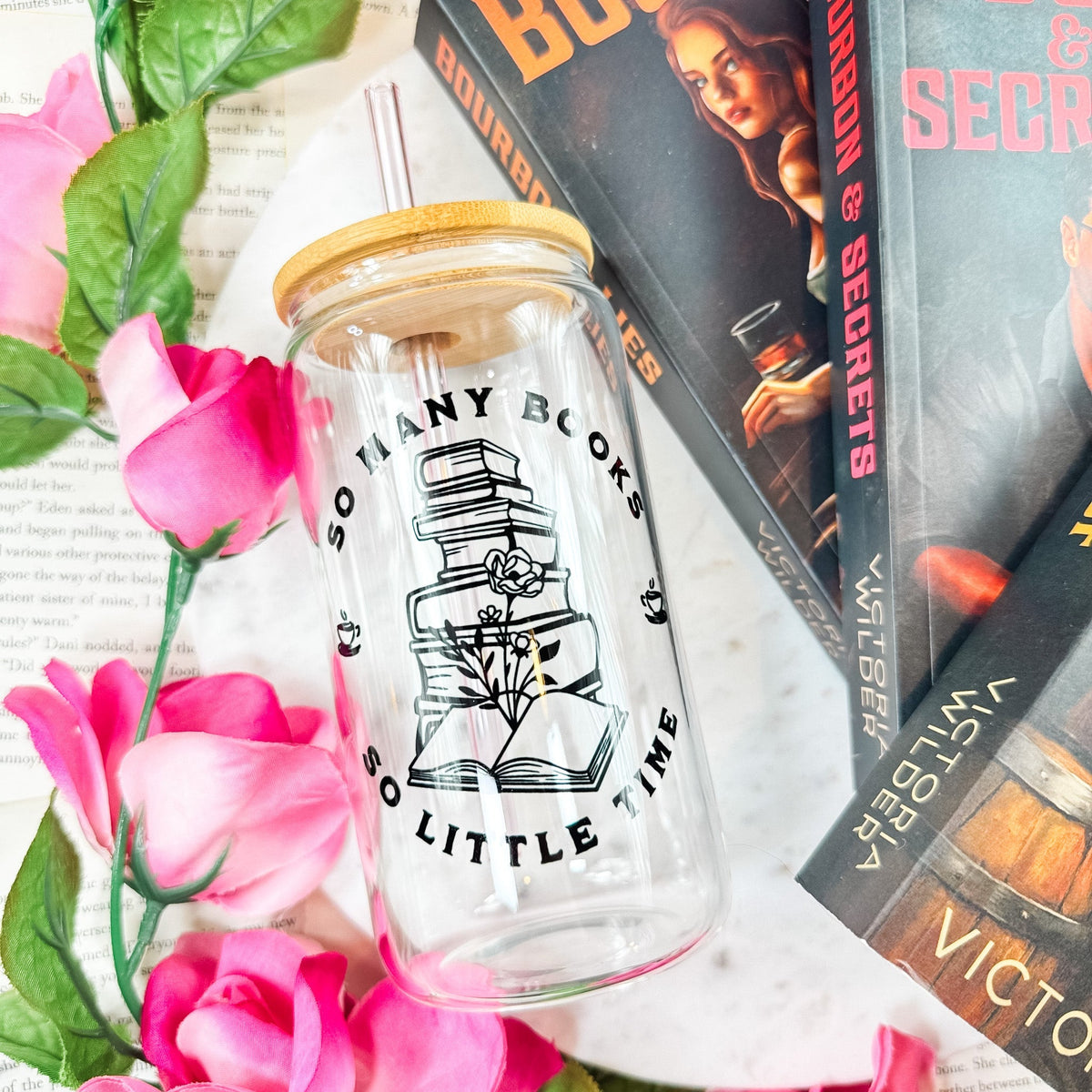 So Many Books So Little Time Glass Cup | Bookish Iced Coffee Glass with Bamboo Lid & Straw - Starry Skies Austin
