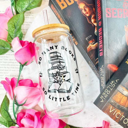 So Many Books So Little Time Glass Cup | Bookish Iced Coffee Glass with Bamboo Lid & Straw - Starry Skies Austin