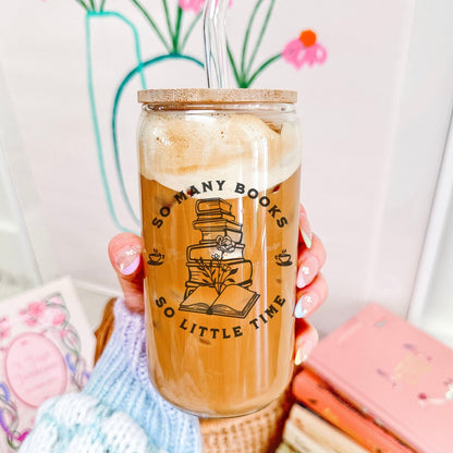 So Many Books So Little Time Glass Cup | Bookish Iced Coffee Glass with Bamboo Lid & Straw - Starry Skies Austin