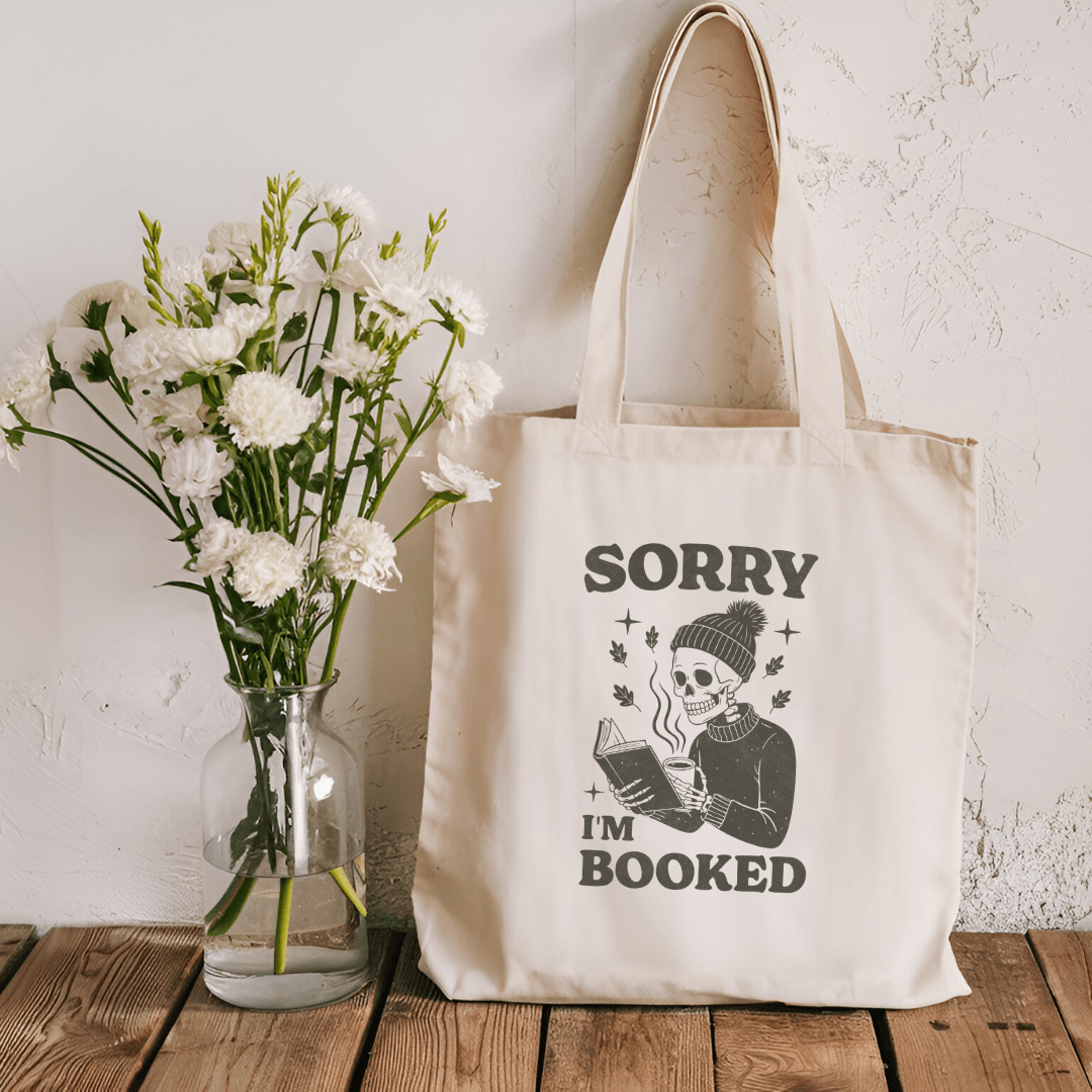 Sorry I'm Booked Skeleton Sublimated Canvas Tote Bag - Starry Skies Austin