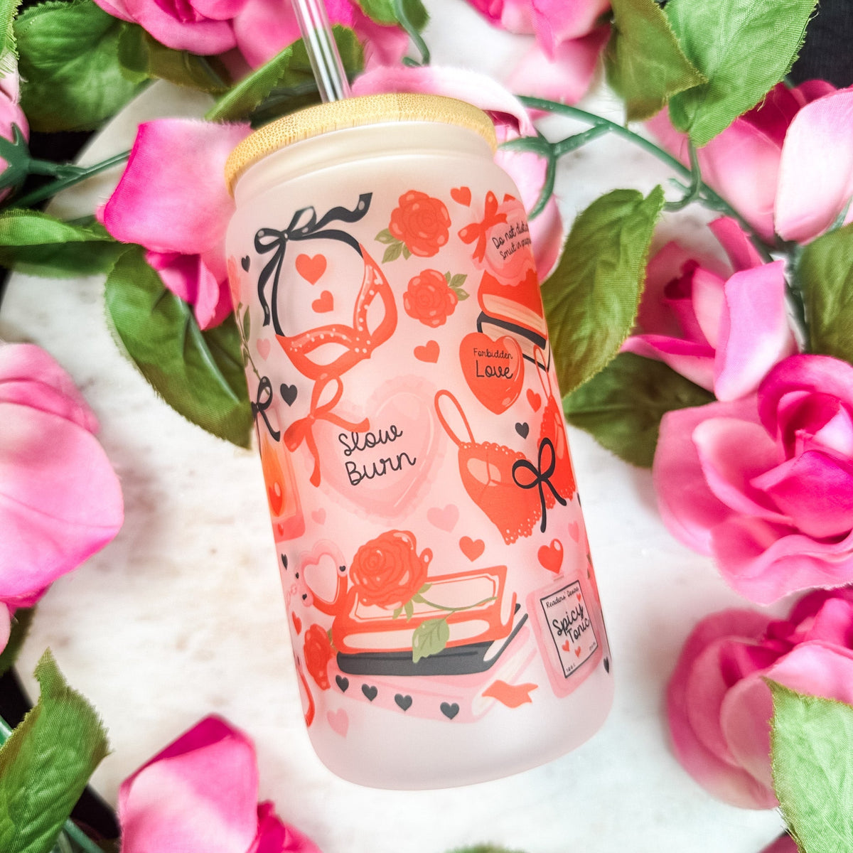 Spicy Romance Girly Frosted Glass Cup with Bamboo Lid & Straw - Starry Skies Austin