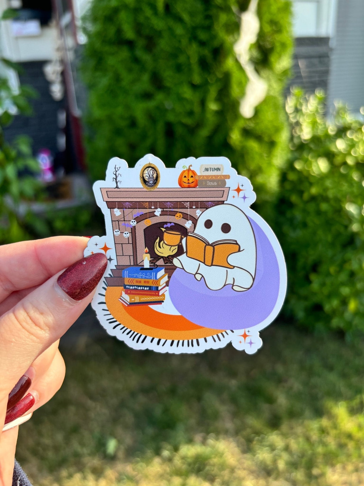 Spooky Halloween Ghost by the Fireplace Magnet - Starry Skies Austin