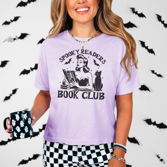 Spooky Readers Book Club Cropped Tee | Premium Heavyweight Comfort Colors Halloween Bookish Shirt for Trendy Book Lovers - Starry Skies Austin