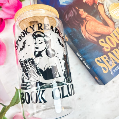 Spooky Readers Book Club Glass Cup | Clear Tumbler with Bamboo Lid and Optional Glass Straw Upgrade for Halloween Book Lovers - Starry Skies Austin