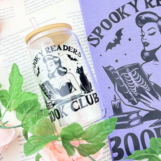 Spooky Readers Book Club Glass Cup | Clear Tumbler with Bamboo Lid and Optional Glass Straw Upgrade for Halloween Book Lovers - Starry Skies Austin