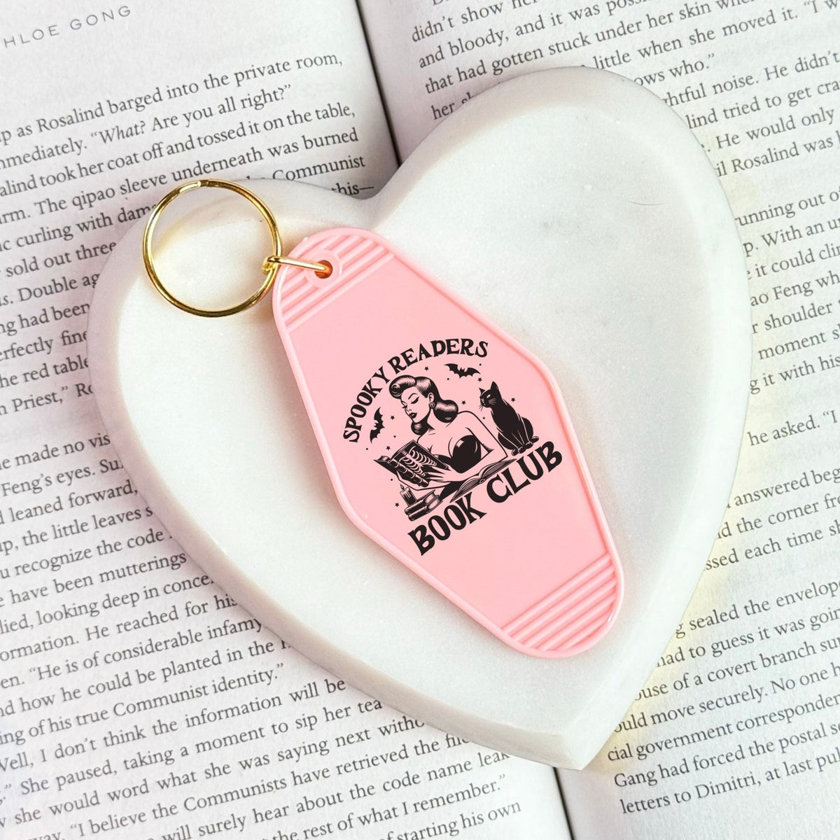 Spooky Readers Book Club Motel Keychain | Retro Halloween Bookish Accessory with UVF Decal - Starry Skies Austin