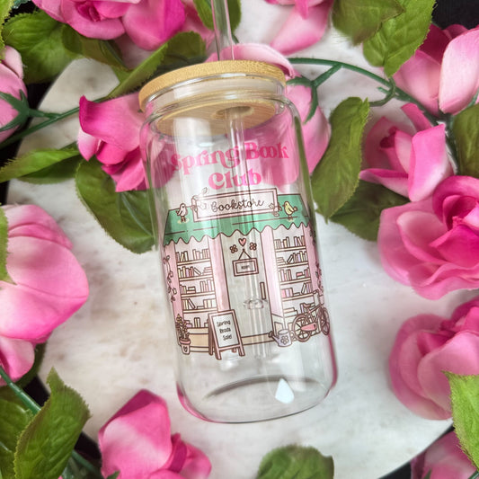 Spring Book Club Clear Glass Cup with Bamboo Lid & Straw - Starry Skies Austin