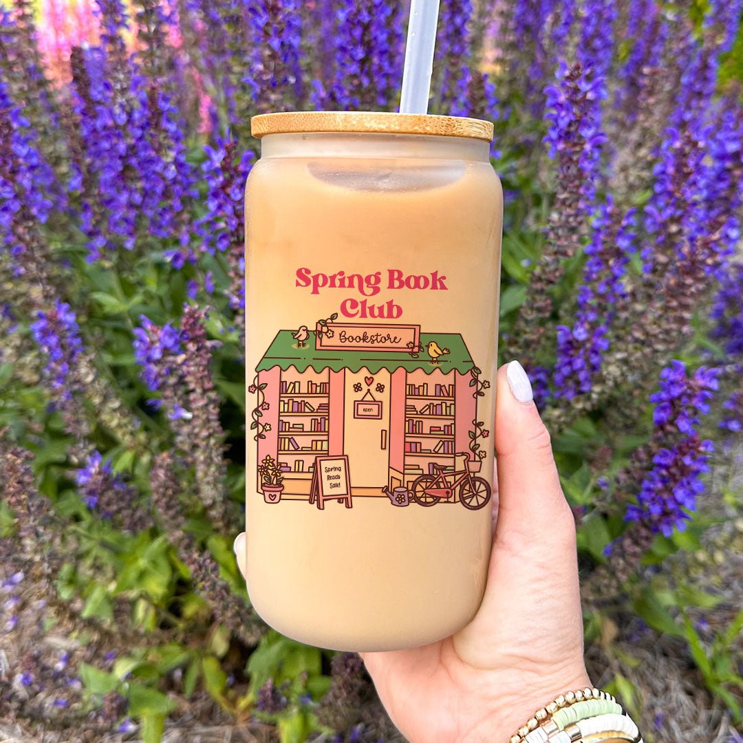 Spring Book Club Frosted Glass Cup with Bamboo Lid & Straw - Starry Skies Austin
