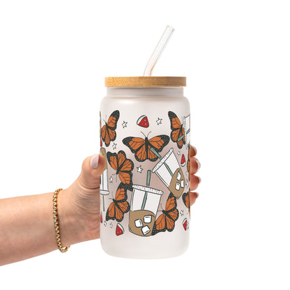 Spring Butterfly Aesthetic Glass Cup, Mug & Tumbler with Lid and Straw - Starry Skies Austin