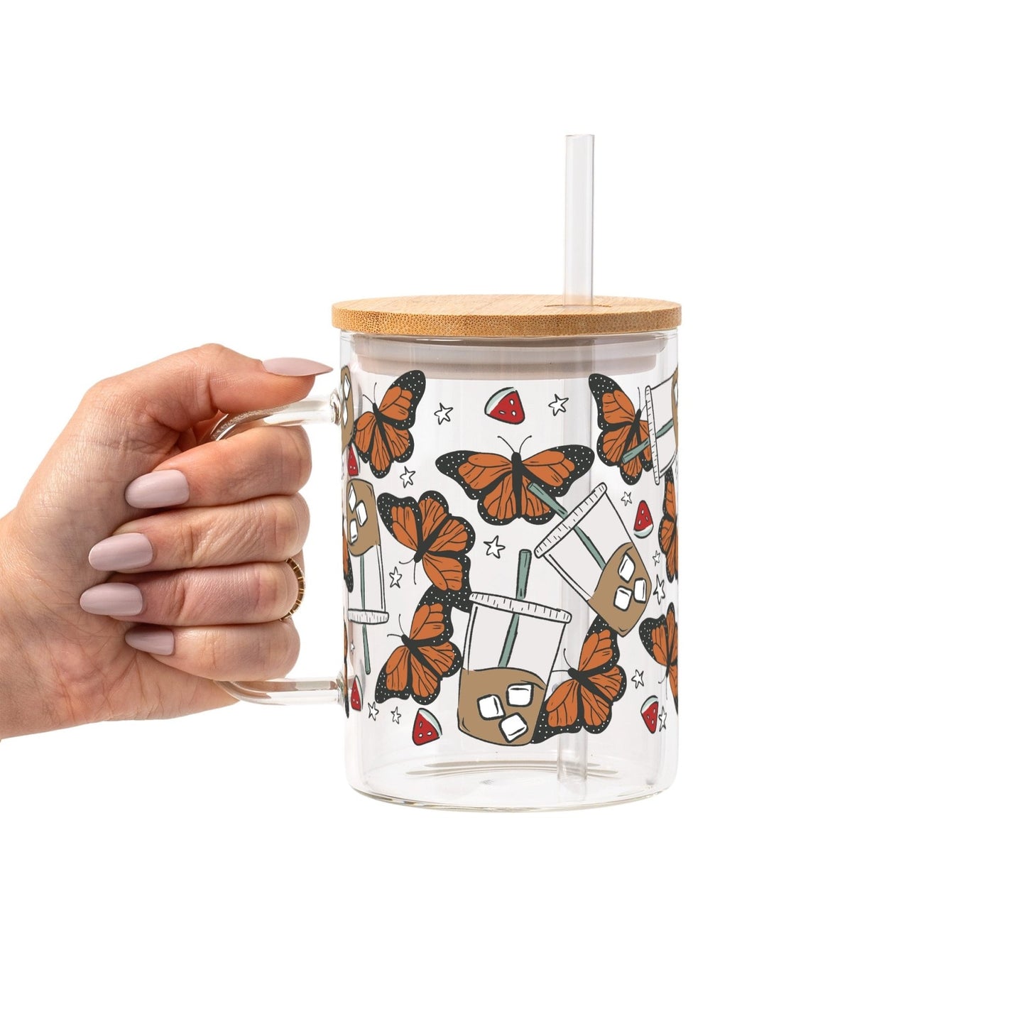 Spring Butterfly Aesthetic Glass Cup, Mug & Tumbler with Lid and Straw - Starry Skies Austin