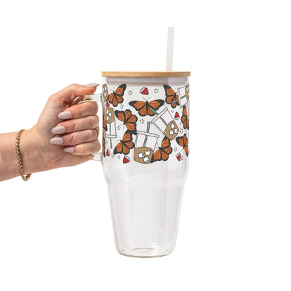 Spring Butterfly Aesthetic Glass Cup, Mug & Tumbler with Lid and Straw - Starry Skies Austin