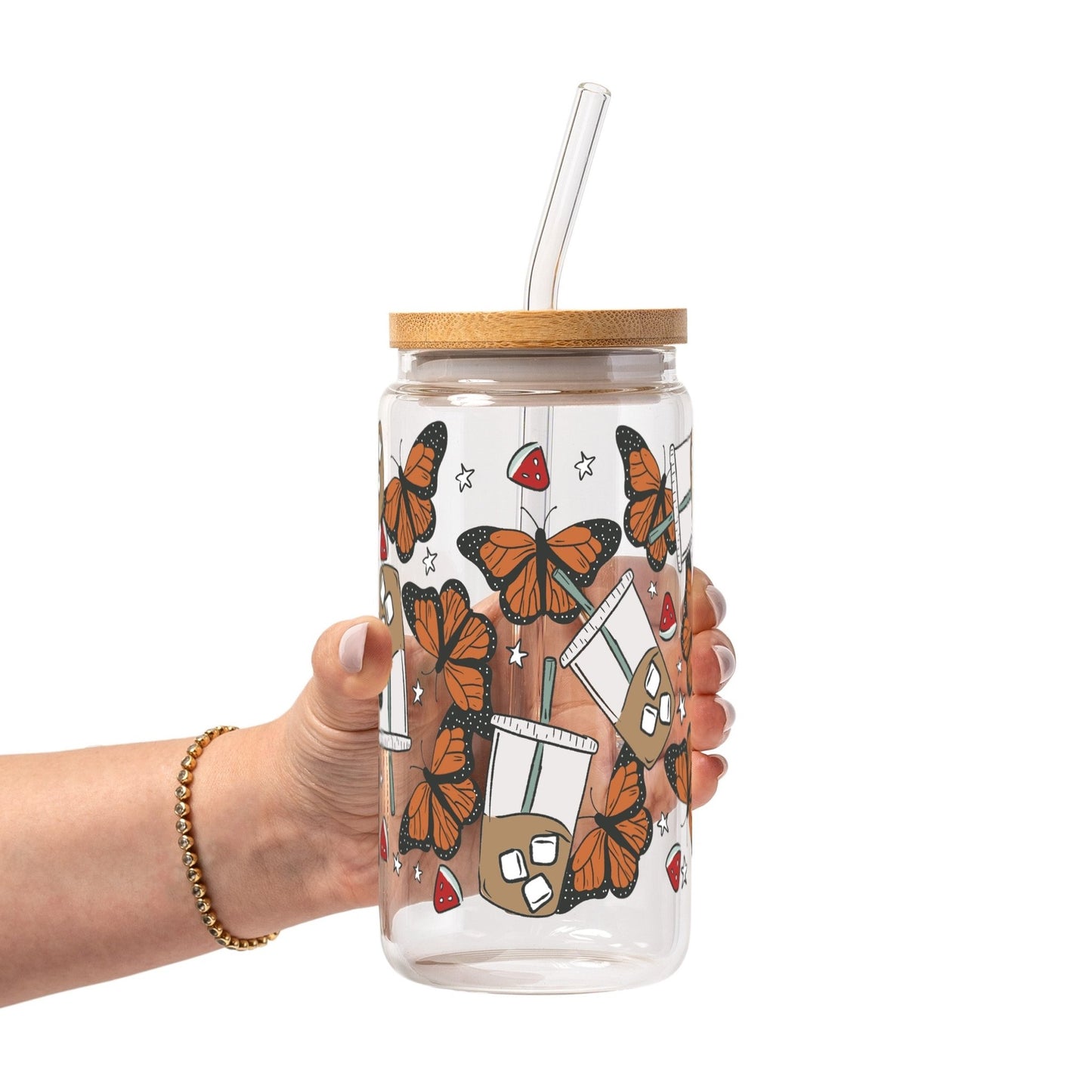 Spring Butterfly Aesthetic Glass Cup, Mug & Tumbler with Lid and Straw - Starry Skies Austin