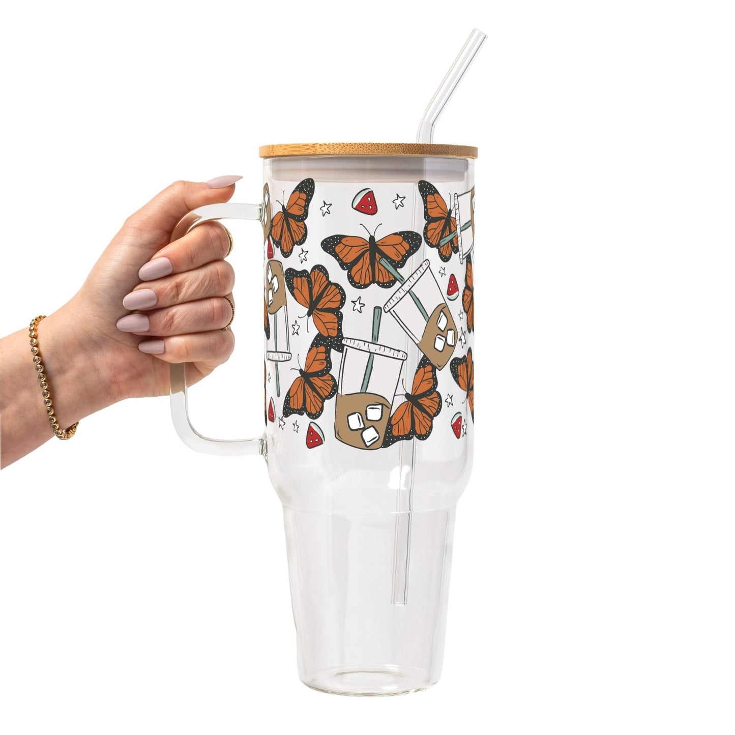 Spring Butterfly Aesthetic Glass Cup, Mug & Tumbler with Lid and Straw - Starry Skies Austin