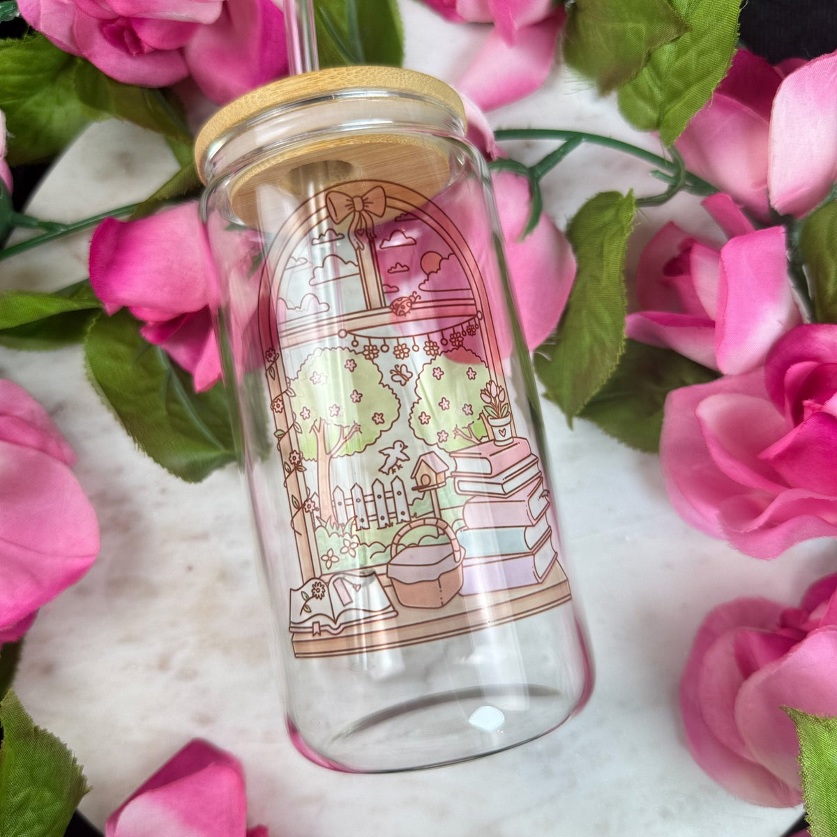 Spring Reading Nook Clear Glass Cup with Bamboo Lid & Straw - Starry Skies Austin