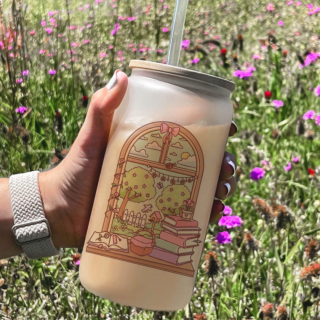 Spring Reading Nook Frosted Glass Cup with Bamboo Lid & Straw - Starry Skies Austin