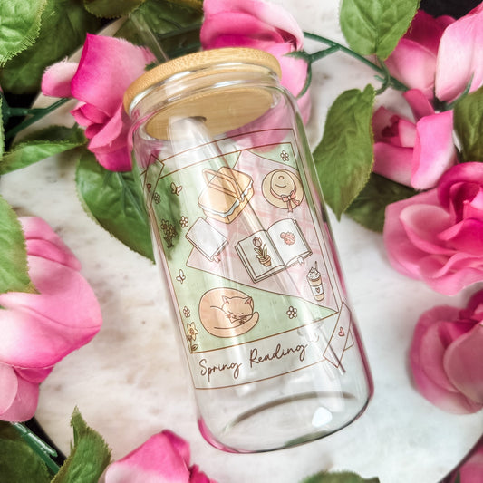Spring Reading Picnic Clear Glass Cup with Bamboo Lid & Straw - Starry Skies Austin