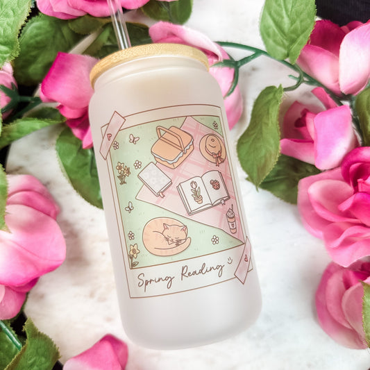 Spring Reading Picnic Frosted Glass Cup with Bamboo Lid & Straw - Starry Skies Austin