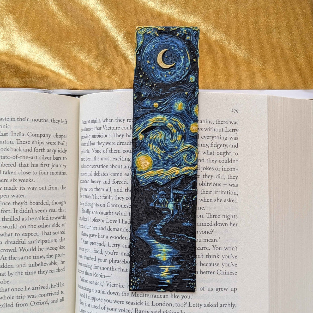 Starry Night Spiral Bookmark, Crescent Moon, Slim Art Bookmark - Starry Skies Austin
