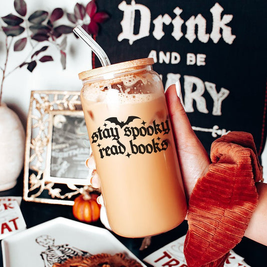 Stay Spooky Read Books Clear Glass Cup with Bamboo Lid & Straw - Starry Skies Austin