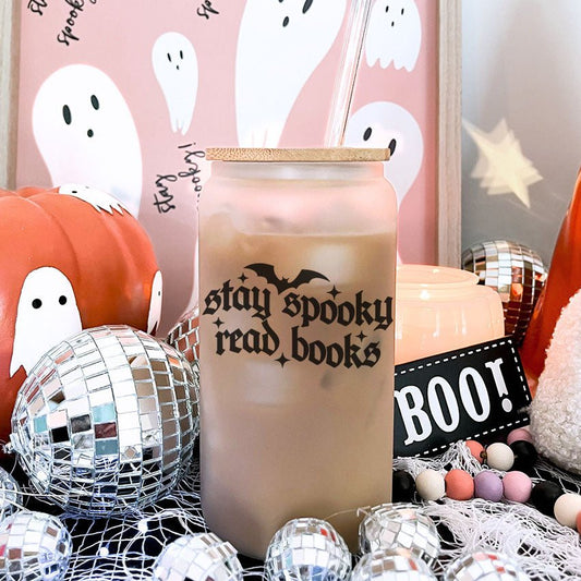 Stay Spooky Read Books Frosted Glass Cup with Bamboo Lid & Straw - Starry Skies Austin